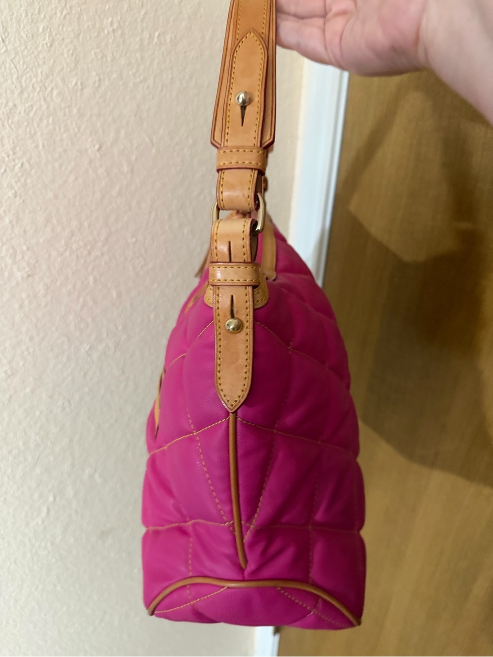 Dooney & Bourke Pink Quilted Shoulder Bag with Tan Trim - Picture 6 of 11